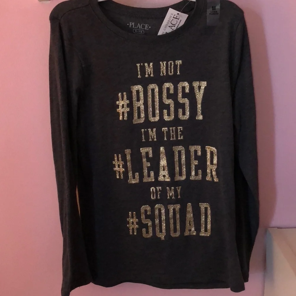 The Childrens Place Girls‎ Long Sleeve Leader of My Squad Glitter Graphic Tee M